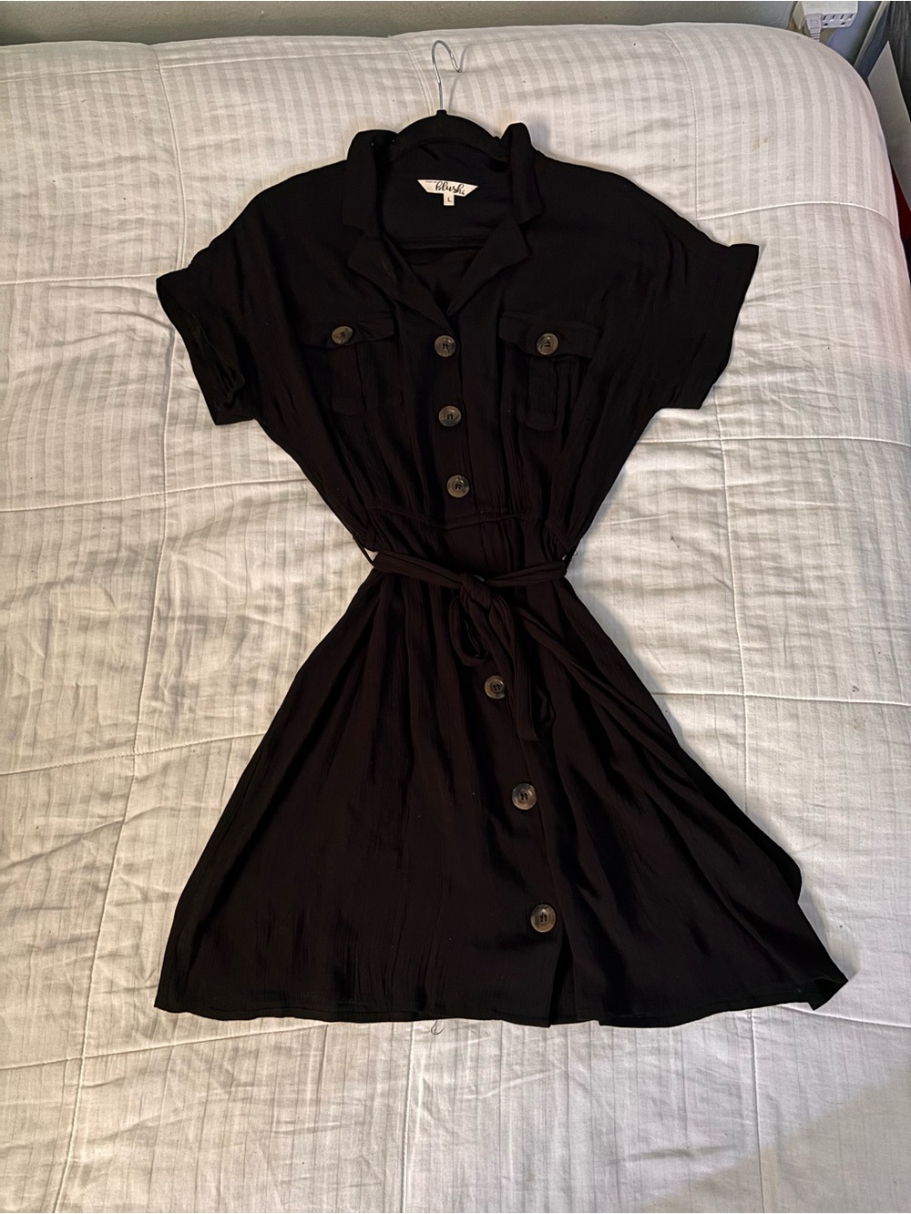 Black Button-Front Shirt Dress with Self-Tie Waist